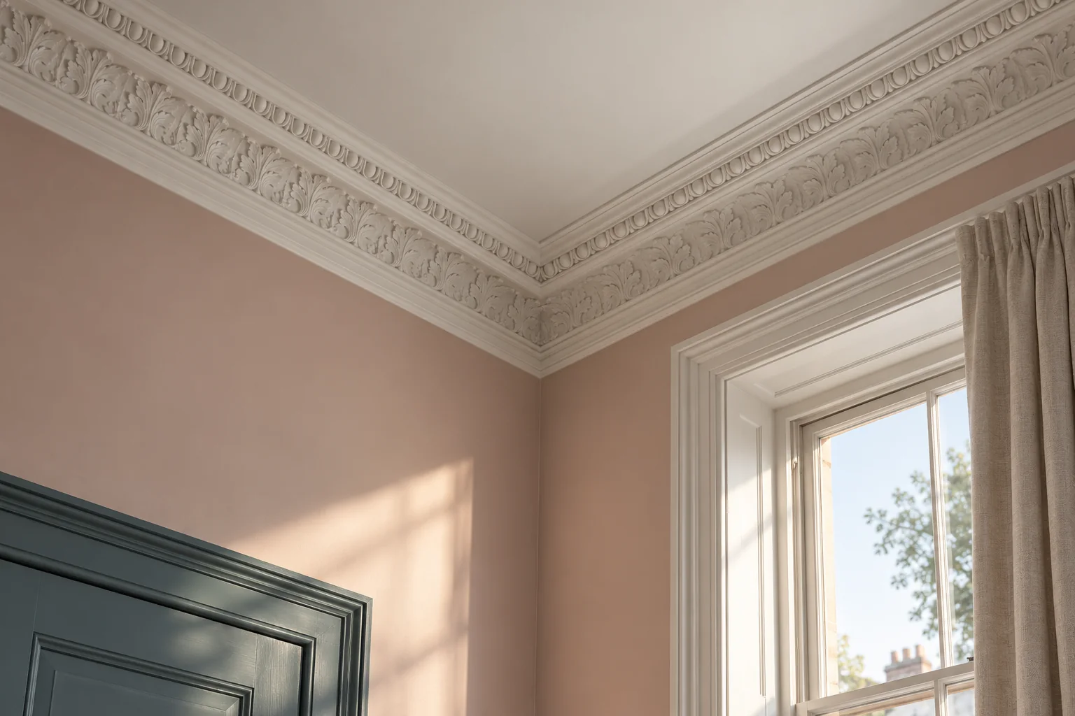 High-ceilinged flat with detailed plaster cornicing and pale painted walls