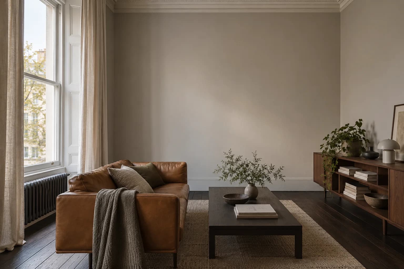 Converted flat living room with warm grey walls, a tall sash window and timber furniture