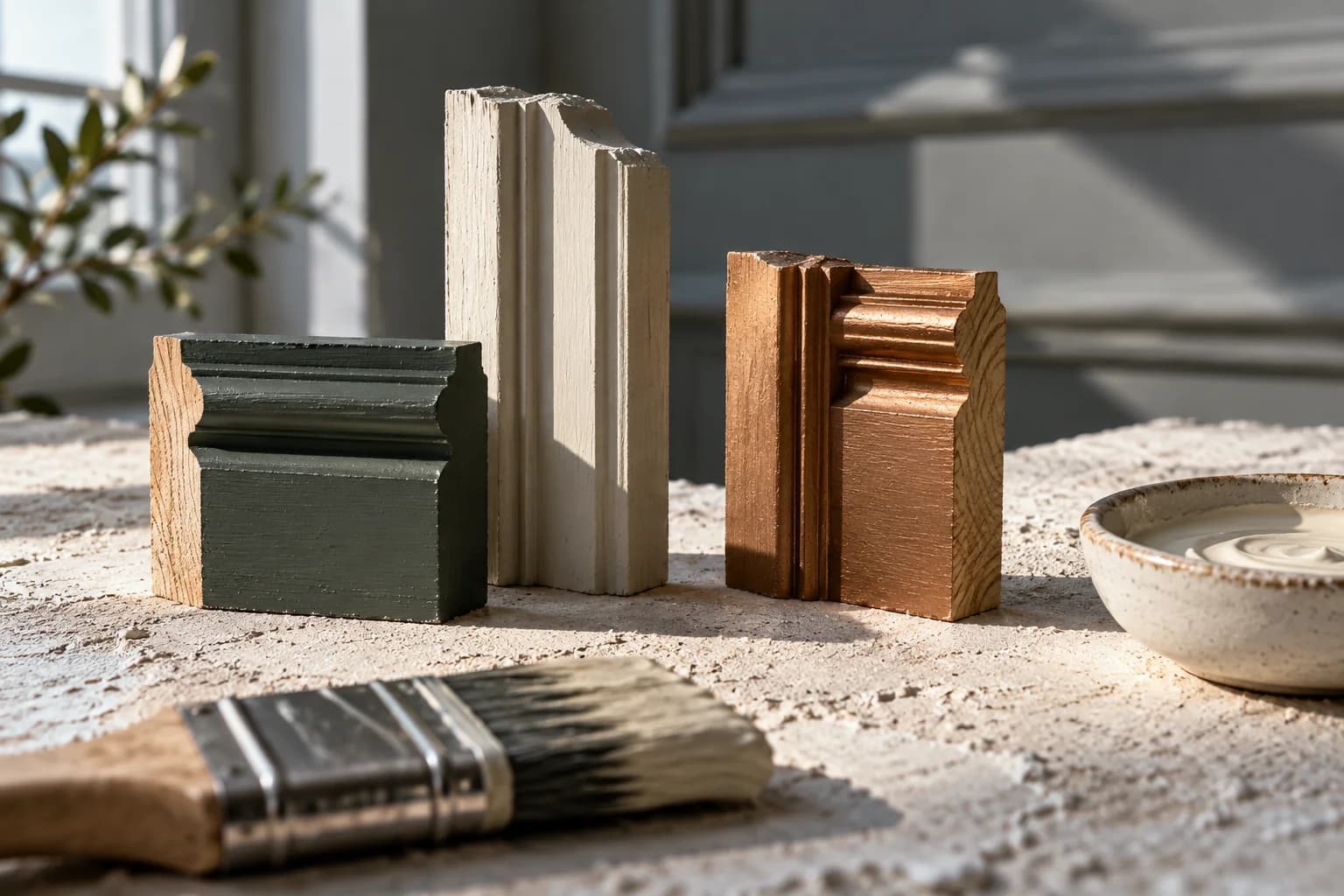 Painted timber profile samples and a brush on a pale plaster work surface