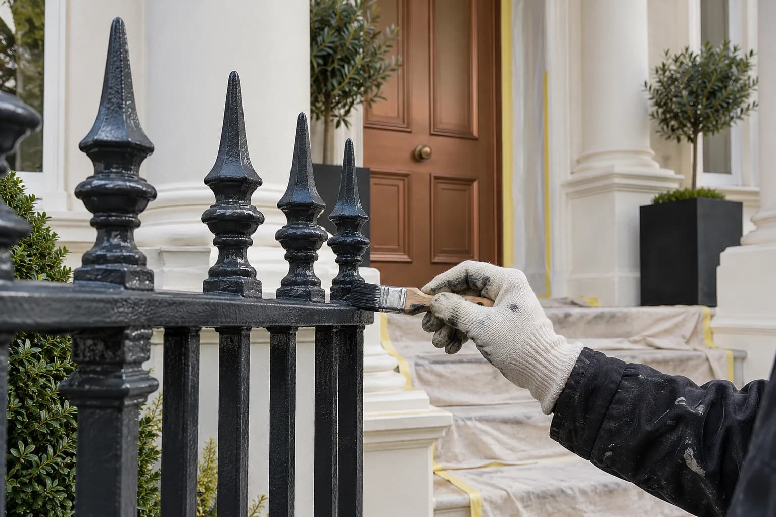 Stucco entrance porch and iron railings protected and prepared for repainting
