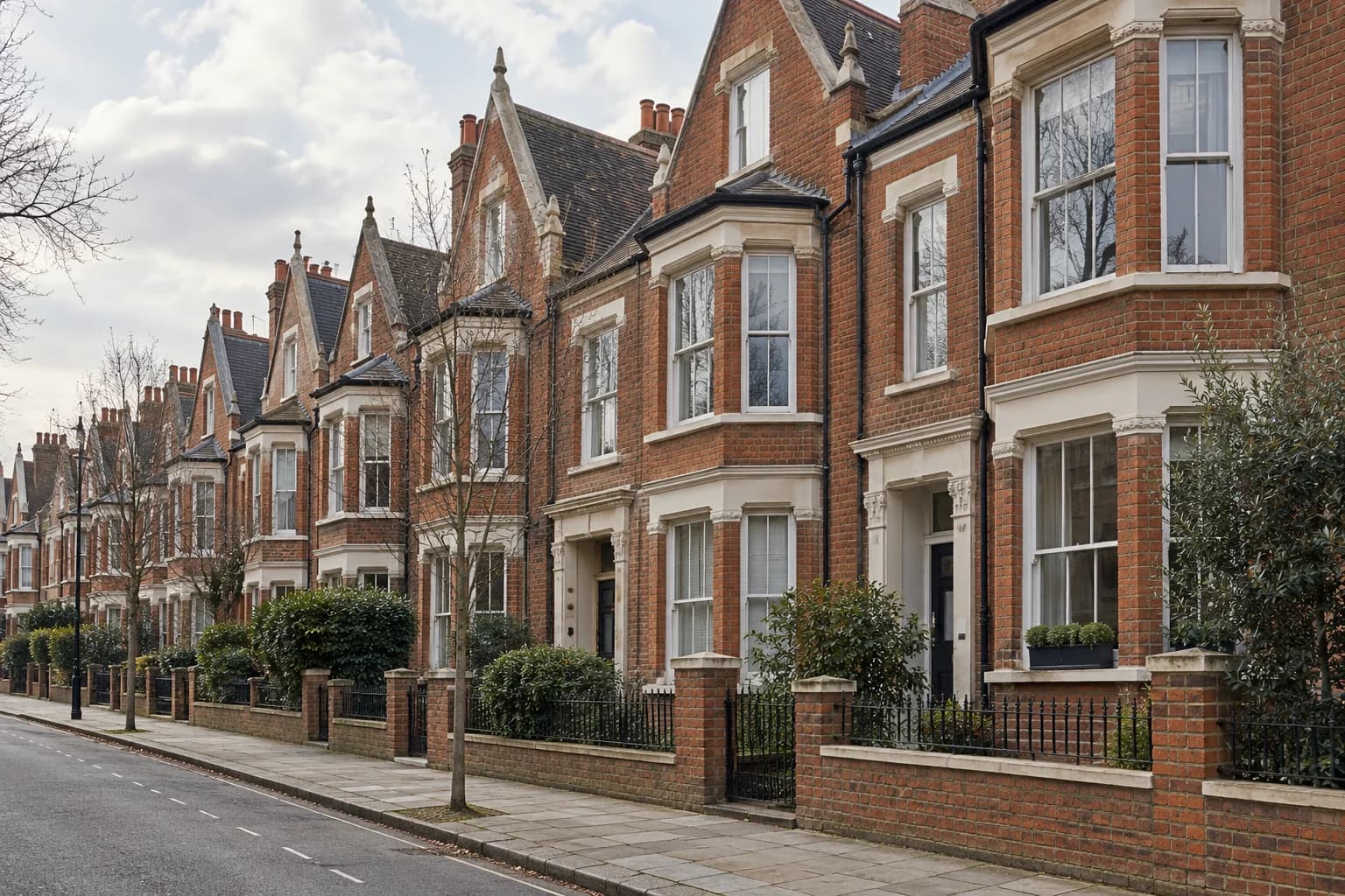 Red-brick Victorian terrace with steep gables, bay windows and painted timber frames