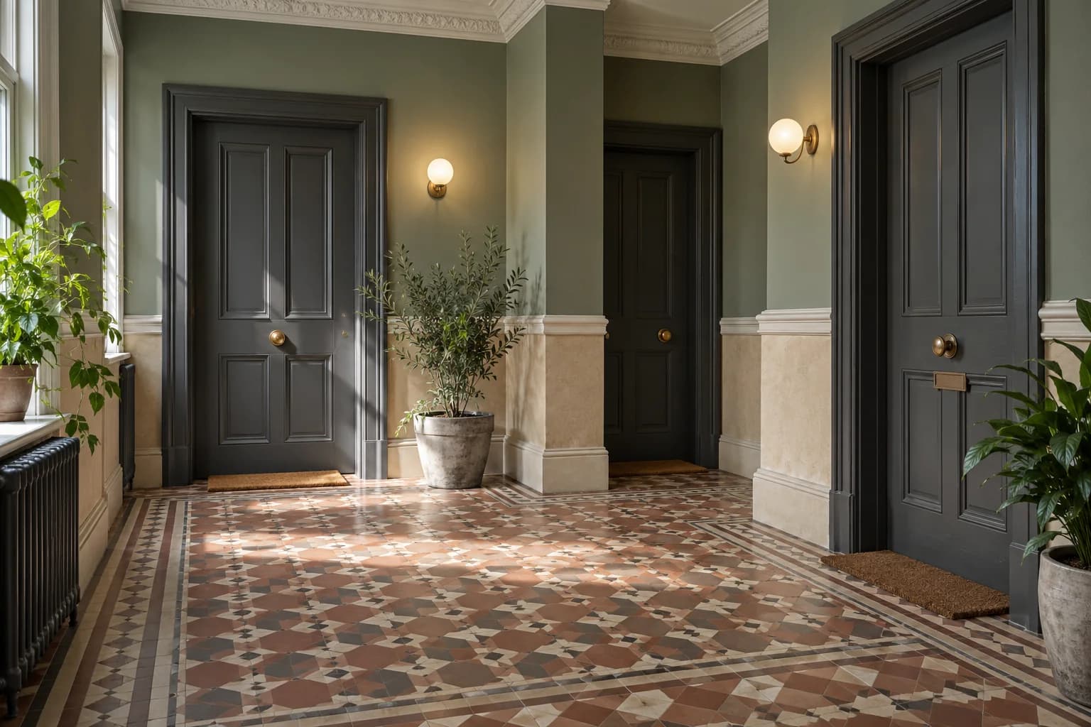 Mansion-block shared corridor with painted doors, dado rails and a patterned tiled floor